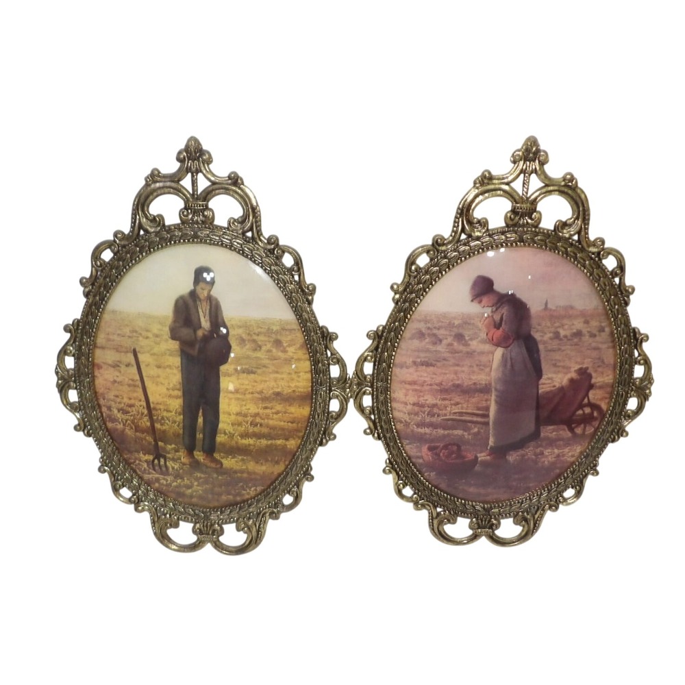 Vintage Jean-Francois Millet The Angelus Ornate Brass Tone Oval Wall Art Set 2